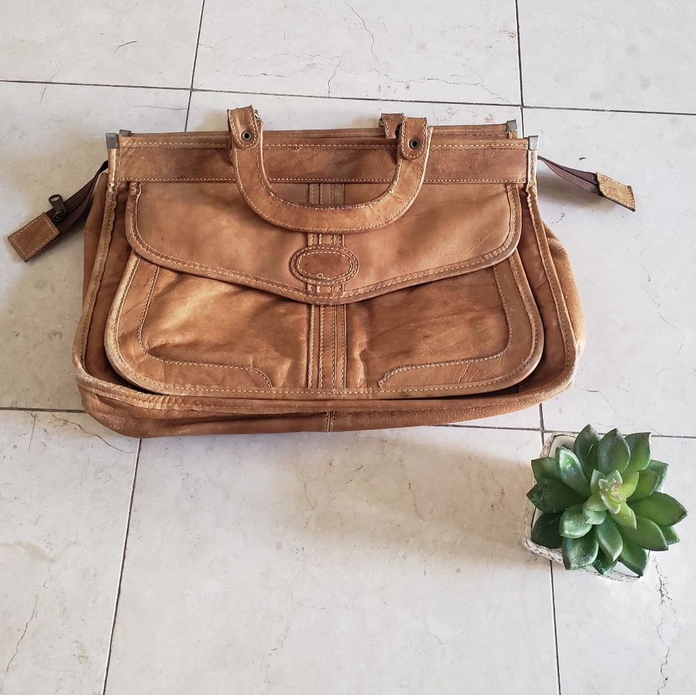 vintage tan leather satchel handbag purse